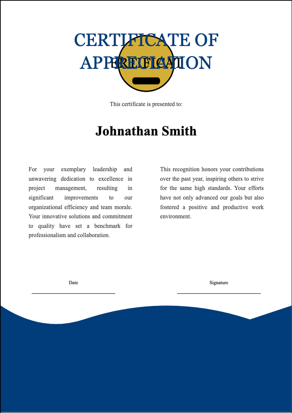 Professional certificate of appreciation with blue wave design and gold best seal_variant_3